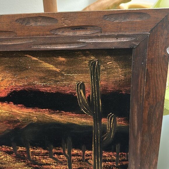 Vintage Desert Sunset Black Velvet Painting Wooden Framed Desert Landscape - Picture 5 of 17